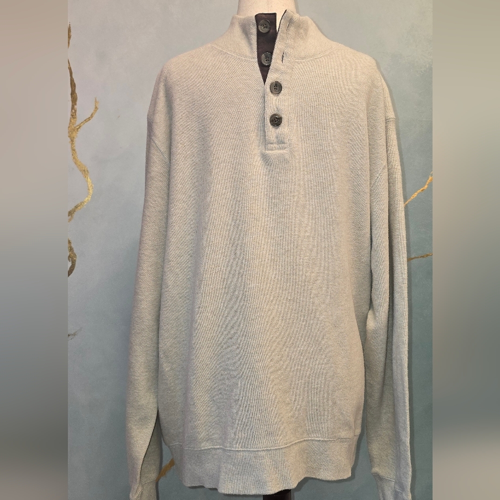 Tasso Elba Button Mock Neck Henley Quarter Zip Tan Cream Pullover Knit Sweater L